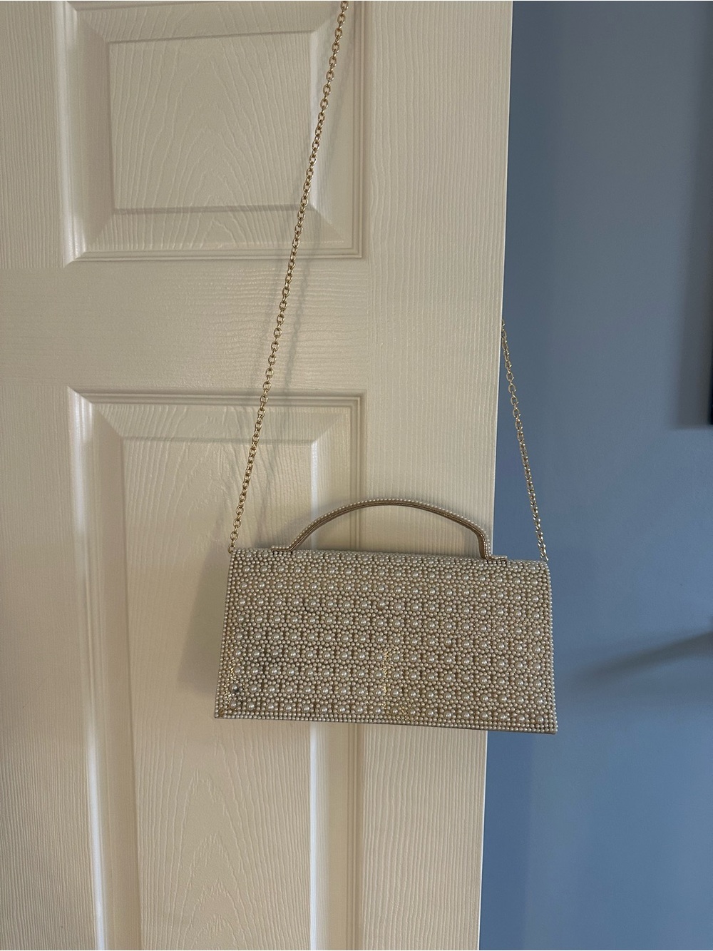Pearl-Embellished Evening Clutch in Gold/Champagne